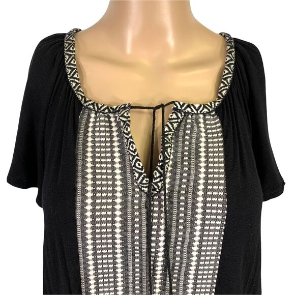 W5 Womens Peasant Top Blouse Shirt V Neck Woven Detail Pullover Black White Med - Picture 2 of 8